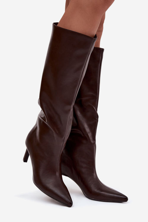 Dámské kozačky nazouvací na jehlovém podpatku s prošitím čokoládové Olyvia