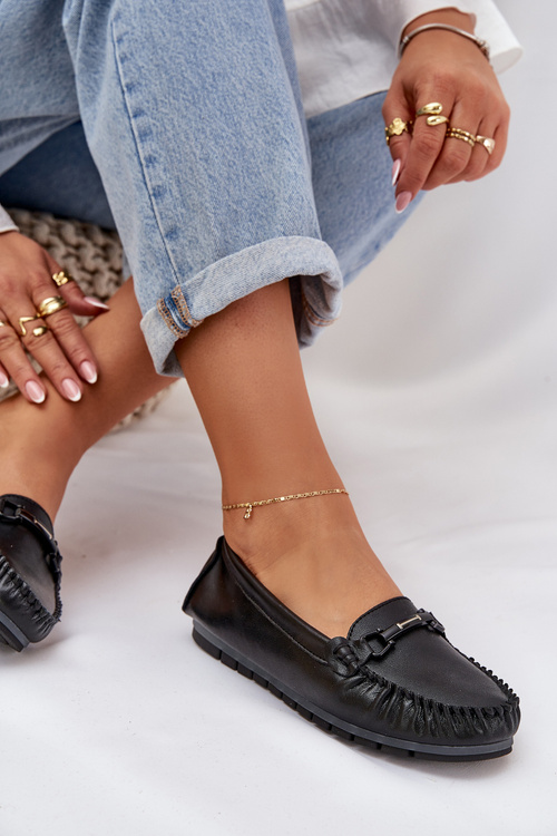 Ploché Kožené Mokasíny S Ozdobou S.Barski LR51-547 Čierne