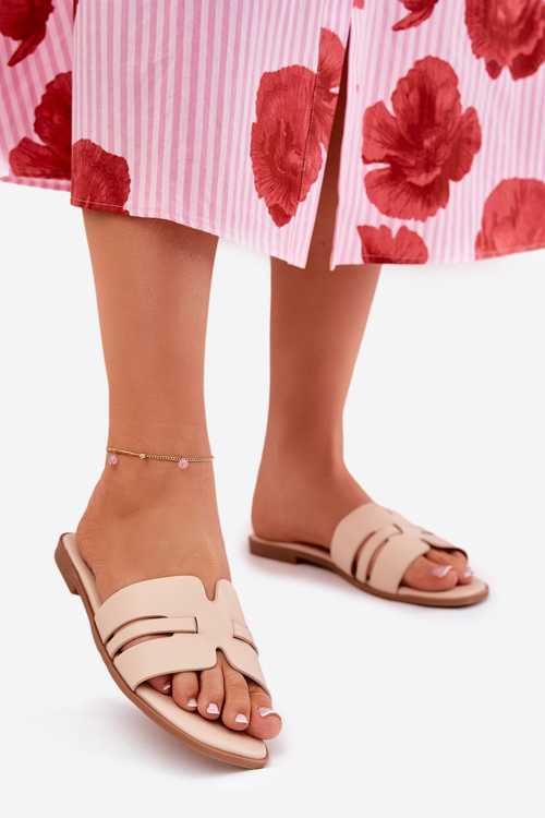 Dámske Sandále Na Ploškom Opätku S Výrezmi Eko Koža Béžové Ecapus