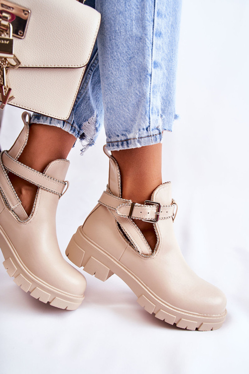 Dámské kožené kozačky s cvočky béžove Clares