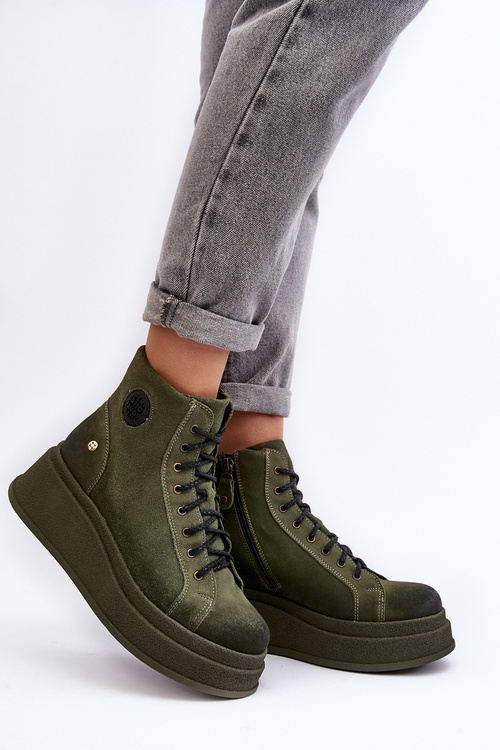 Suede topánky na masívnej platforme Maciejka 06309-24 Olive