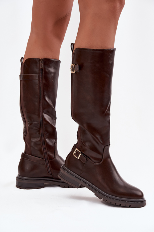 Zateplené dámské kozačky na nízkém podpatku s přezkami čokoládové Sorelle