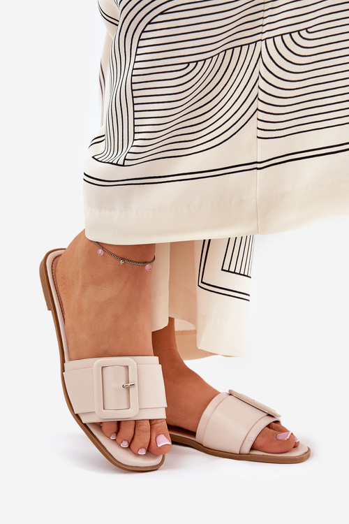 Ploché Dámské Sandály Eko Kožené S Přezkou Béžové Bamma