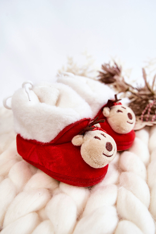 Dětské teplé sobí pantofle s mašlí červene