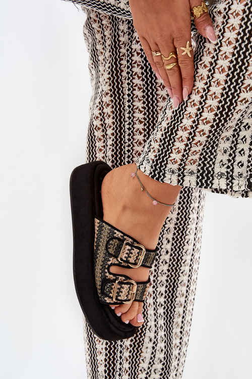 Dámské Pantofle Na Platformě S Přezkami A Pletením Černé Limme