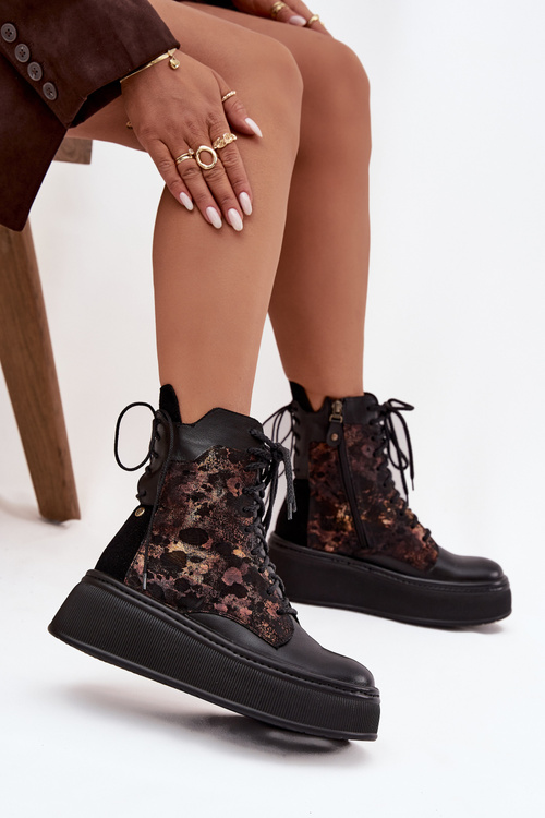 Kožené semišové čižmy na platforme zateplené čierne 06565-01