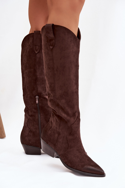 Eko Semišové Kozačky Dámské Na Podpatku Čokoládové Jenaya