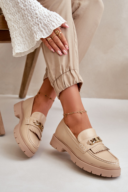 Eko Kožené Dámske Mokasíny S Zlatým Ozdobením Bežové Zanita