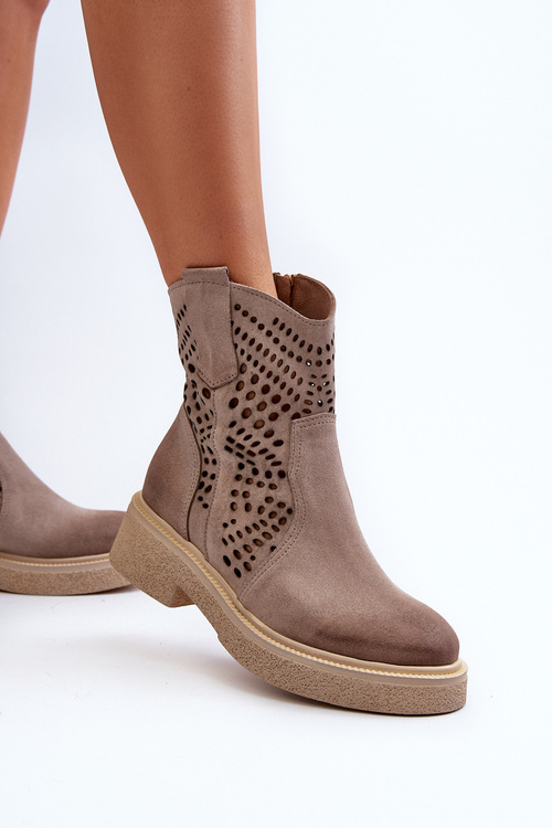 Zazoo 3470 Sametové Dámské Botky Na Ploché Podrážce Vyšívané Cappuccino