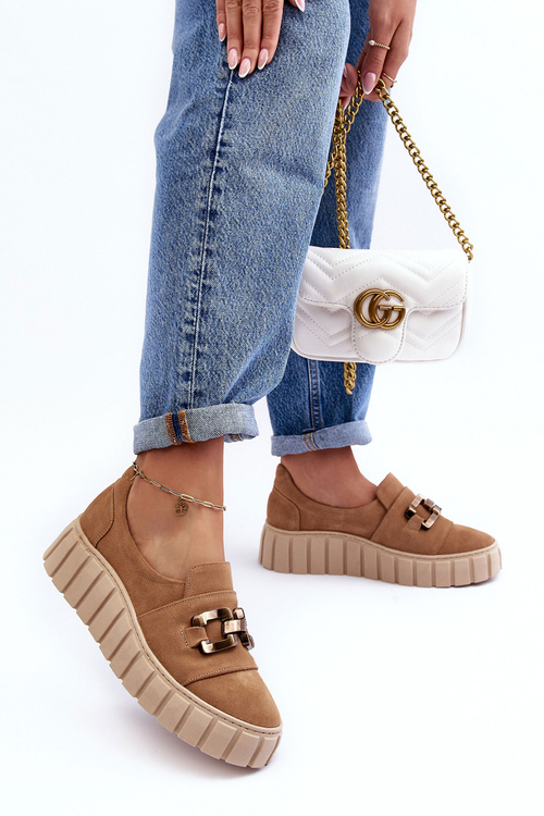 Zamszové dámské polobotky na platformě s ozdobou tmavě béžové Lewski 3398