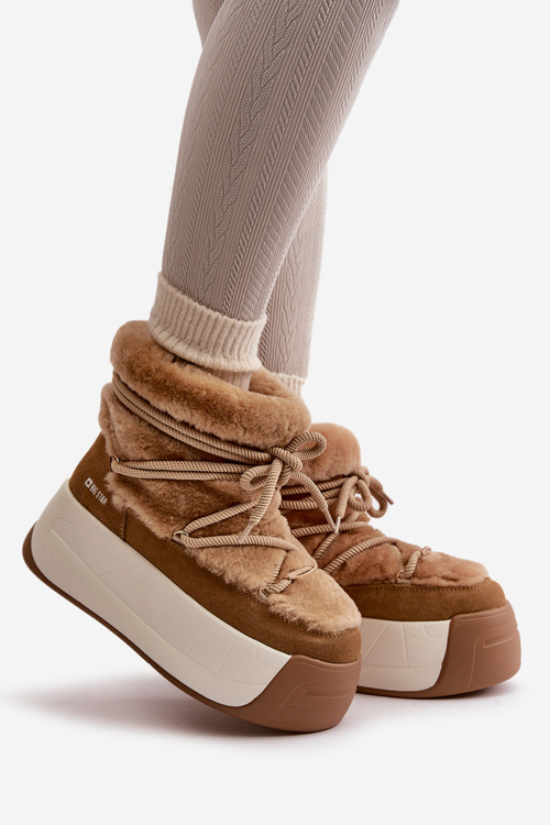 Kožené Dámske Snehové Topánky Na Hrubej Podešvi S Kožúškom Big Star OO274A207 Hnedé