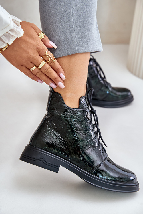 Kožené Lakované Čižmy Dámske Zateplené Na Zips D&A LZ42-042 Tmavozelené