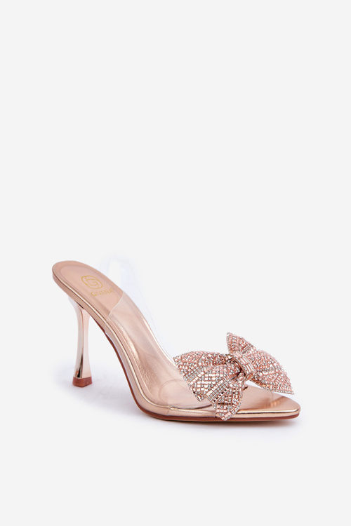 Priehľadné Sandále Na Opätku S Lesklou Mašľou Ružové Zlato Viosta