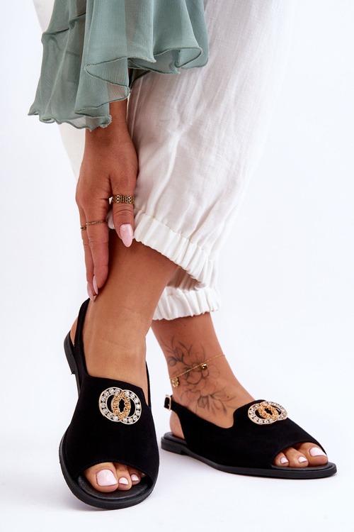 Semišové ploché sandály s ozdobou Nicole 2744/002 černá