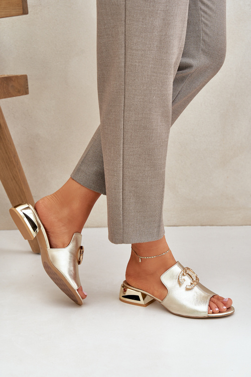 Kožené Elegantné Dámske Pantofle Na Nízkom Opätku Laura Messi 2874 Zlaté