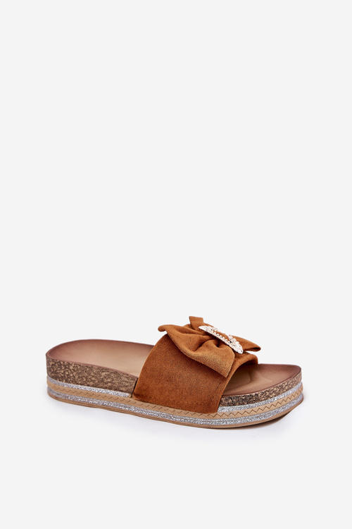 Dámské Sandály Na Platformě S Mašlí A Dekorativní Broží Hnědé Lenela