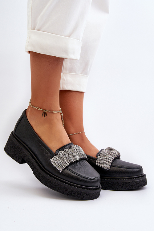 Dámské kožené mokasíny s ozdobným páskem Zazoo 3419 Černé