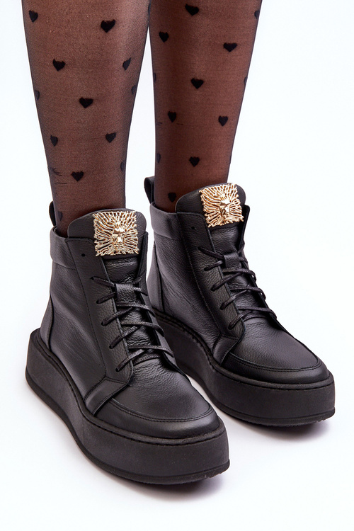 Dámské šněrovací boty s koženou ozdobou černé Nicole 2833