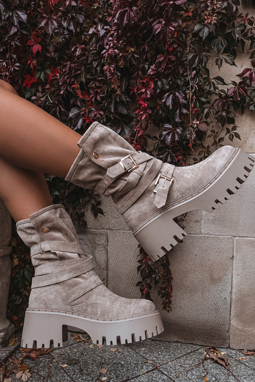 Dámske čižmy na hrubom podpätku s prackami a pásom béžové Nerelisa