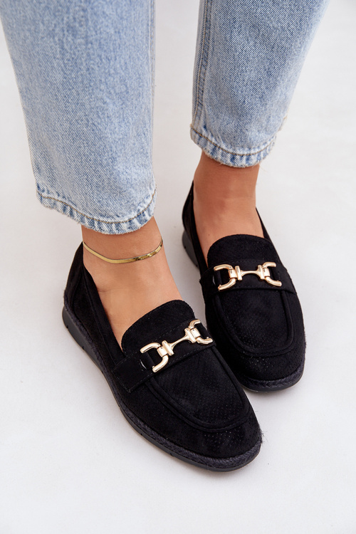 Dierované mokasíny so zlatým detailom a jutovým pletením čierne Lainer