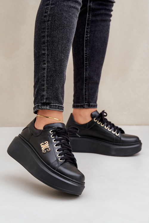 Tenisky Z Pravej Kože Na Platforme Zlatá Dekorácia Lewski 3428 Čierne