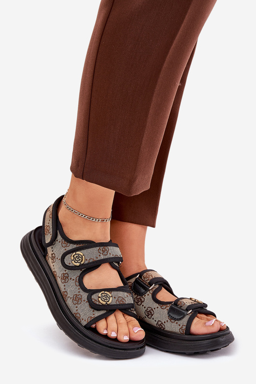 Dámske Vzorované Textilné Sandále So Zlatými Detailmi Béžovo-Čierne Pefese