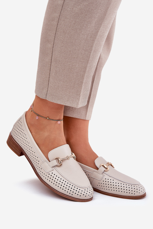 Kožené Dámské Mokasíny S Dekorací Na Plochém Podpatku Béžové S.Barski LR51-588