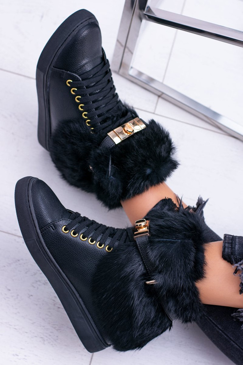 Lu Boo Black topánky s prírodnou gisele kožušinou