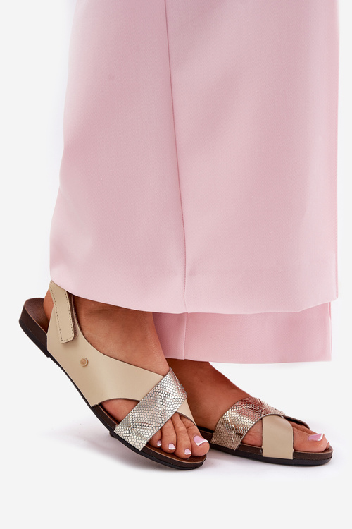 Kožené sandále na suchý zips béžovo-zlaté Zazoo 40141