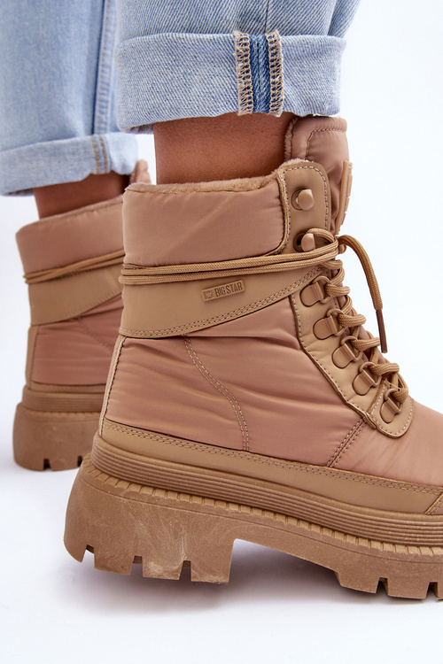 Dámské trapperské boty teplé na platformě a plochých podpatcích Big Star MM274340 béžová