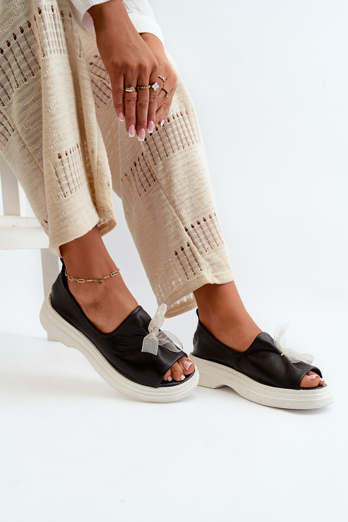 Zazoo 2939 Dámské kožené sandály s mašlí Černé