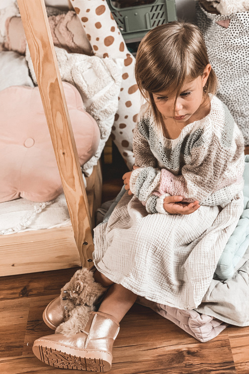 Dívčí Sněhové Teple Boty S Kožešinou Růžové Zlato Aurora