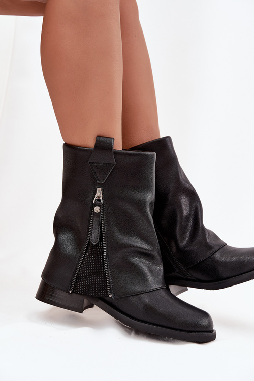 Kožené dámske členkové topánky s obráteným golierom na bloku Maciejka K7213-01 Čierne