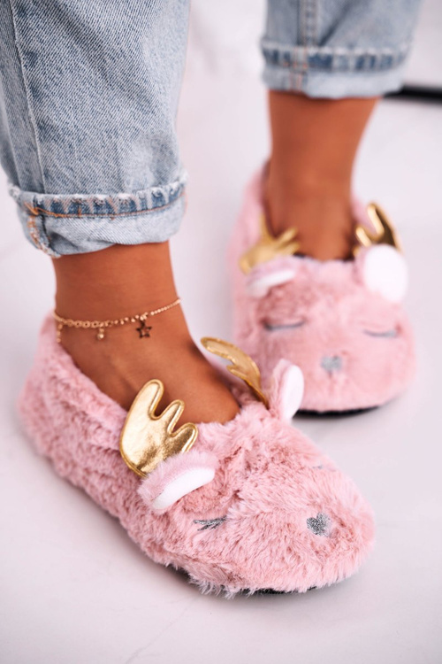 Vánoční Teplé Kožešinové Pantofle Růžové Jingle Bells