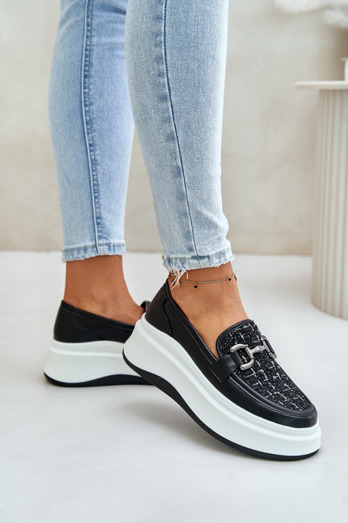 Kožené Dámske Mokasíny Na Platforme S Ozdobou Čierne Vinceza 89105