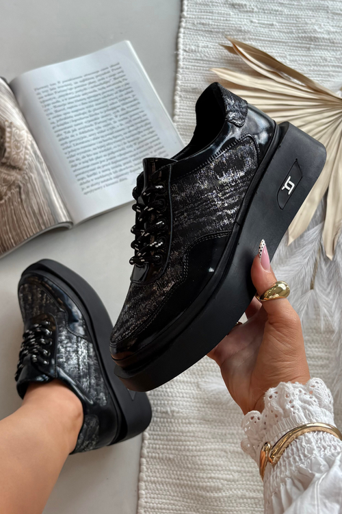 Kožené šněrovací dámské polobotky na platformě Artiker 57C2043 Černo-stříbrné