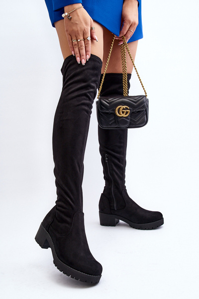 Dámské kozačky nad koleno na nízkém podpatku černé Berrinda