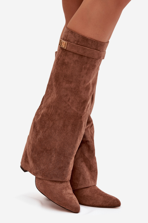 Evo ekologické semišové čižmy podpätok stĺp s zipsom vystlané preklopený holenný golier tmavé béžové Evyra