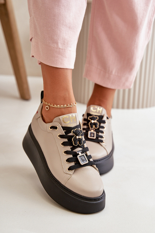 Dámské Kožené Tenisky S Připínáky Na Platformě Béžové CheBello 4596