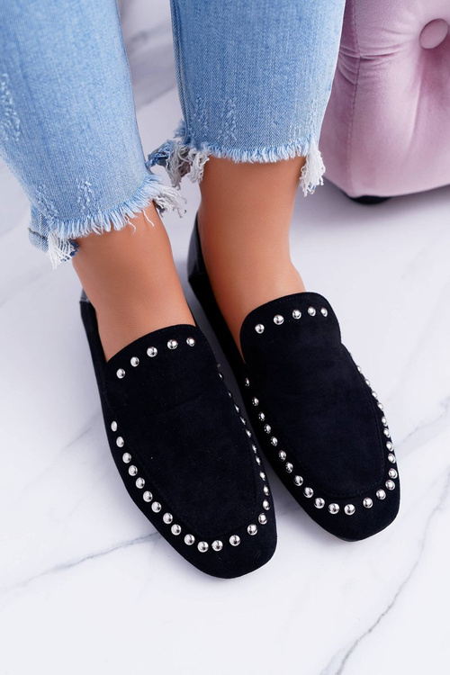 Lu Boo Dámske čierne lordy balerína s kamienkami s plantami