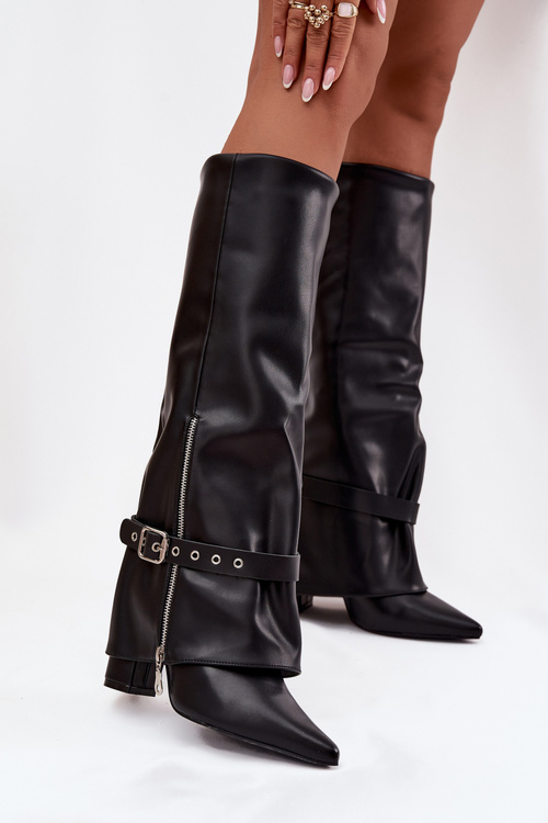 Dámske čižmy na podpätku s ozdobným pásom z eko kože čierne Jolivine