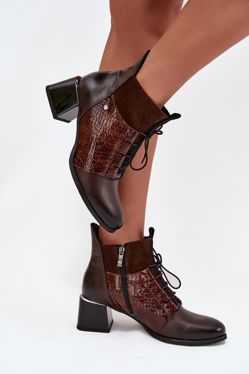 Zazoo 60503 kožené kotníčkové boty na podpatku vyhřívané čokoládové