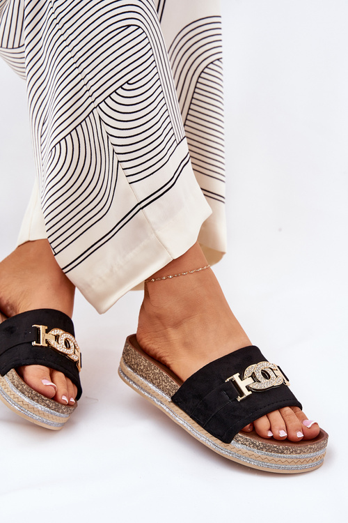 Dámské Pantofle Se Zlatým Detailem Na Platformě S Leskem Černé Eanes