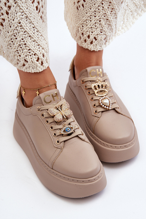 Dámske kožené tenisky s ozdobami CheBello 4292 béžové