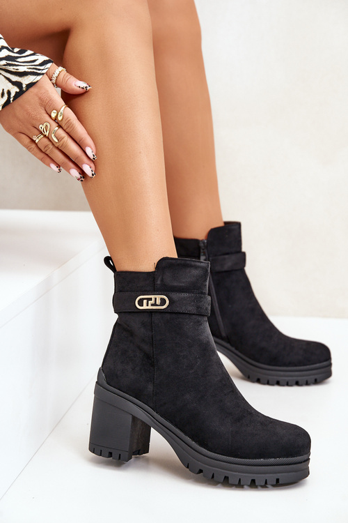 Dámské botky na podpatku eko semišové zateplené na zip černé Laonora