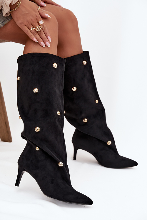 Nazouvací dámské kozačky na podpatku se zlatými ozdobami Černé Thaliane