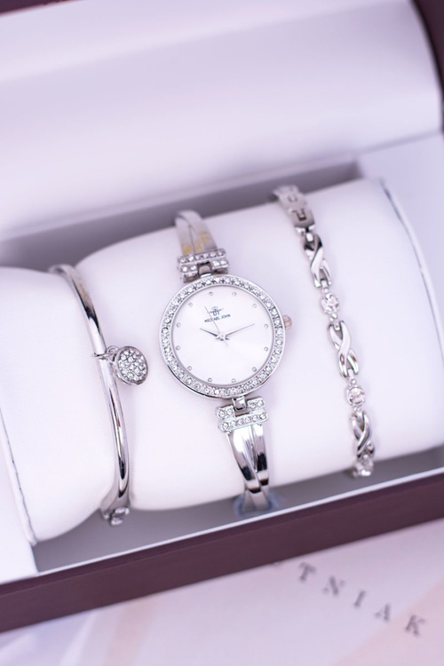 Nastavte Michael John stříbrné dámské hodinky se zirkony dva náramky