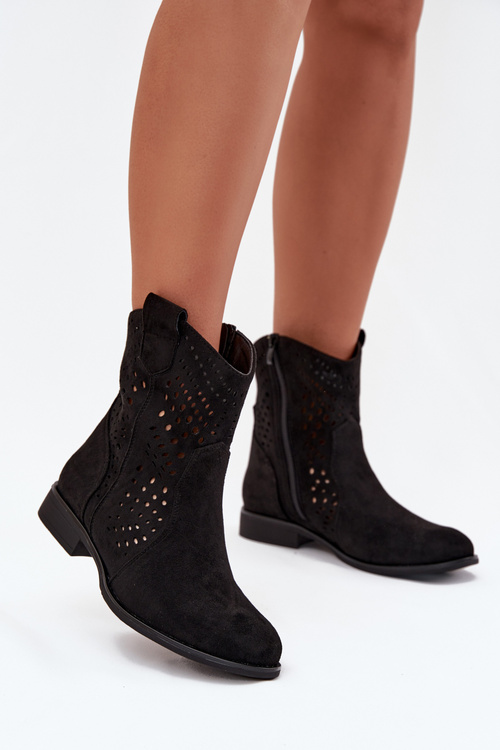 Ažurové dámské kotníkové boty na nízkém podpatku Černé Amisna