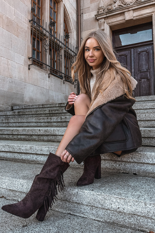 Dámske členkové topánky na opätku s strapcami a záhybmi Teplé čokoládové Darlina