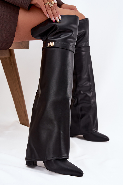 Zateplené kozačky s vytočenou holínkou za koleno podpatek sloupek černé Serelle